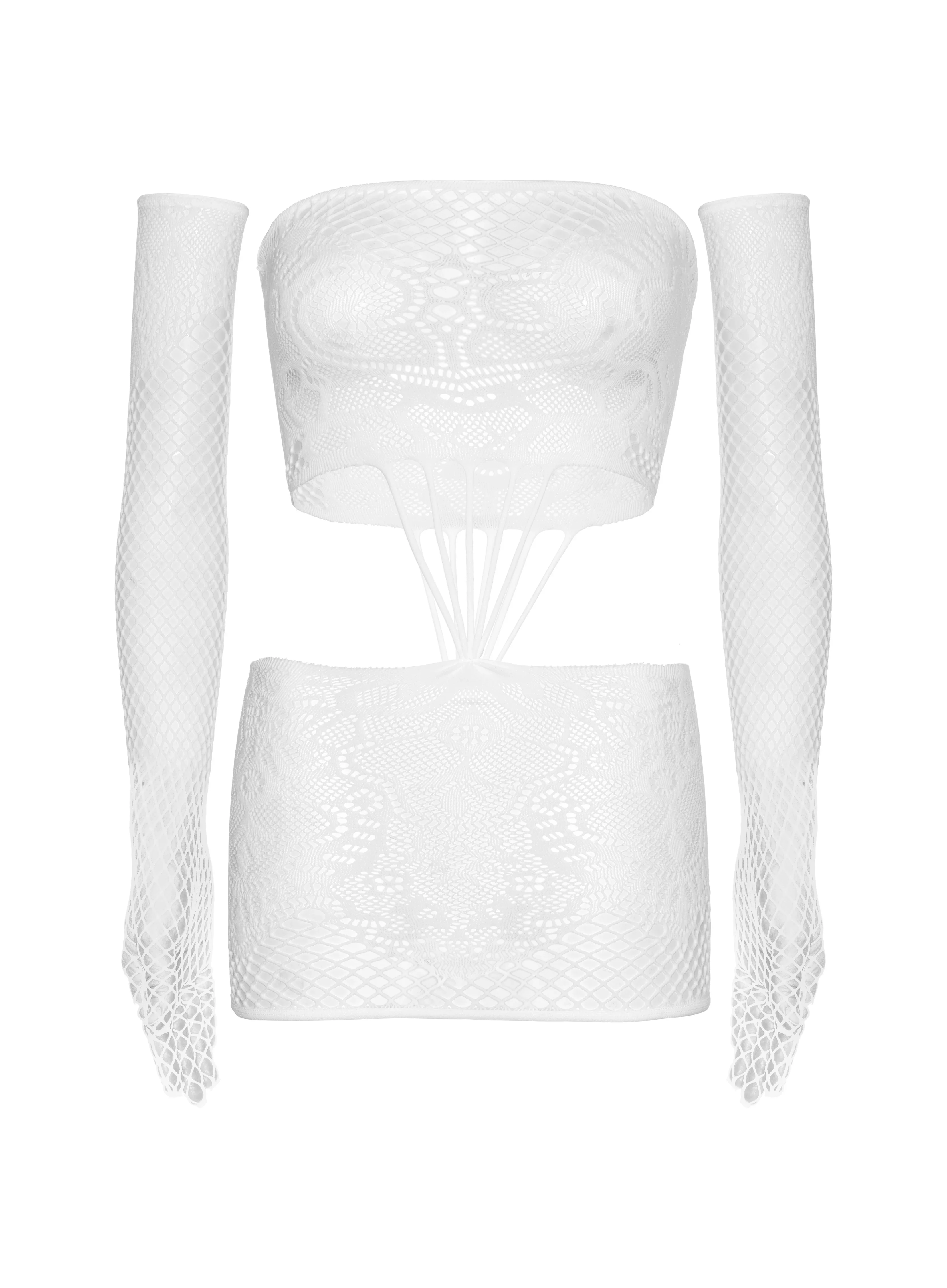 2 PC Cut-Out Lace and Net Tube Dress with Long Gloves in White, One Size - Image 6