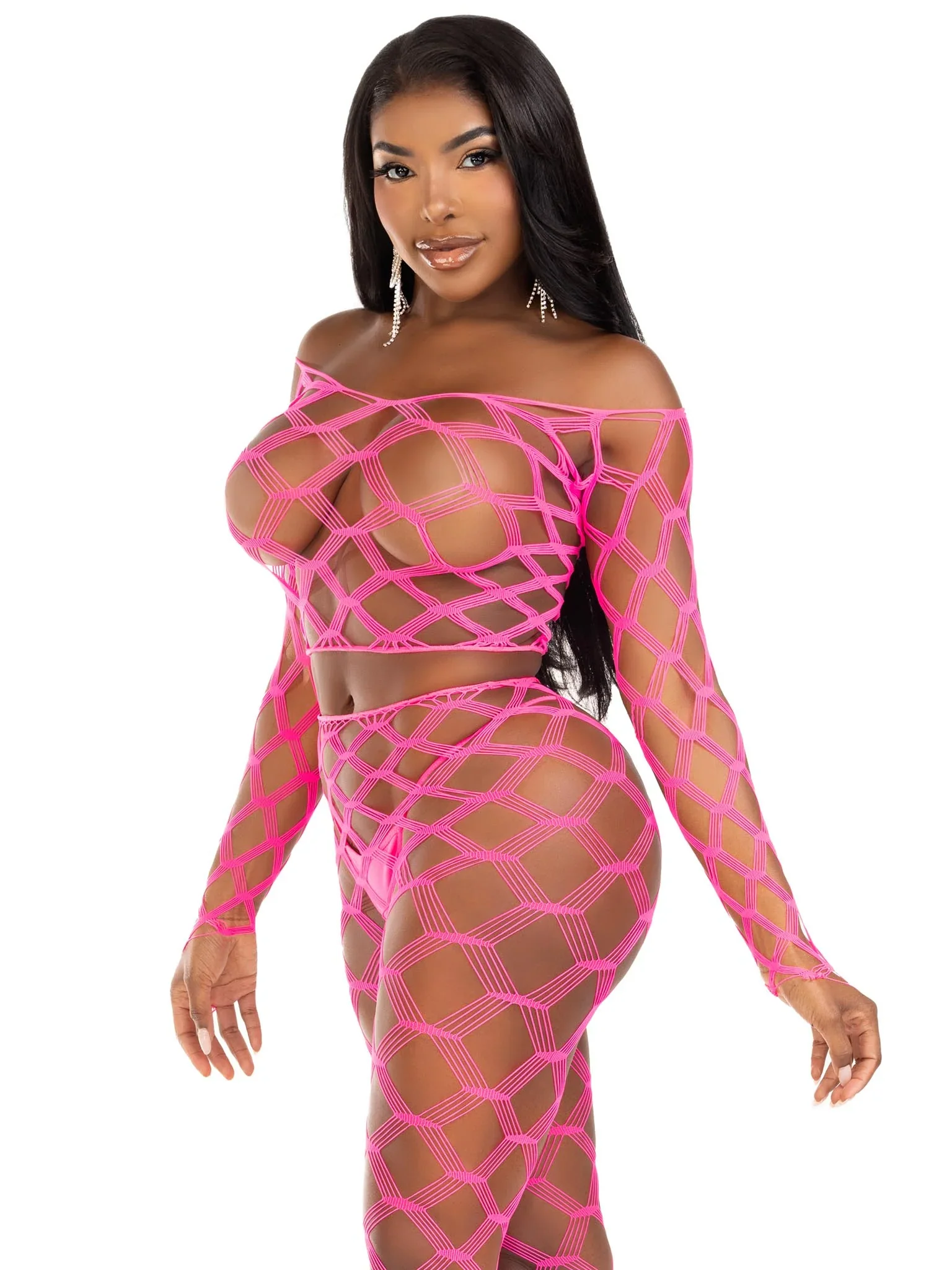 2 PC Hardcore Net Crop Top and Footless Tights, Neon Pink, One Size - Image 2