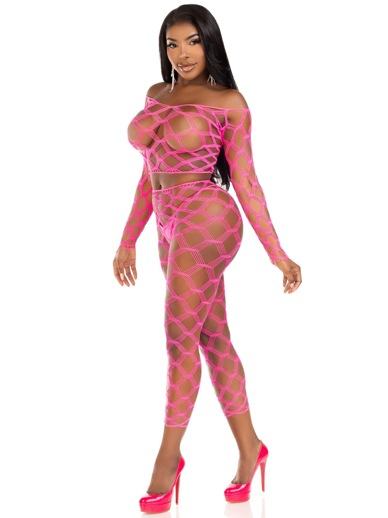 2 PC Hardcore Net Crop Top and Footless Tights, Neon Pink, One Size - Image 4