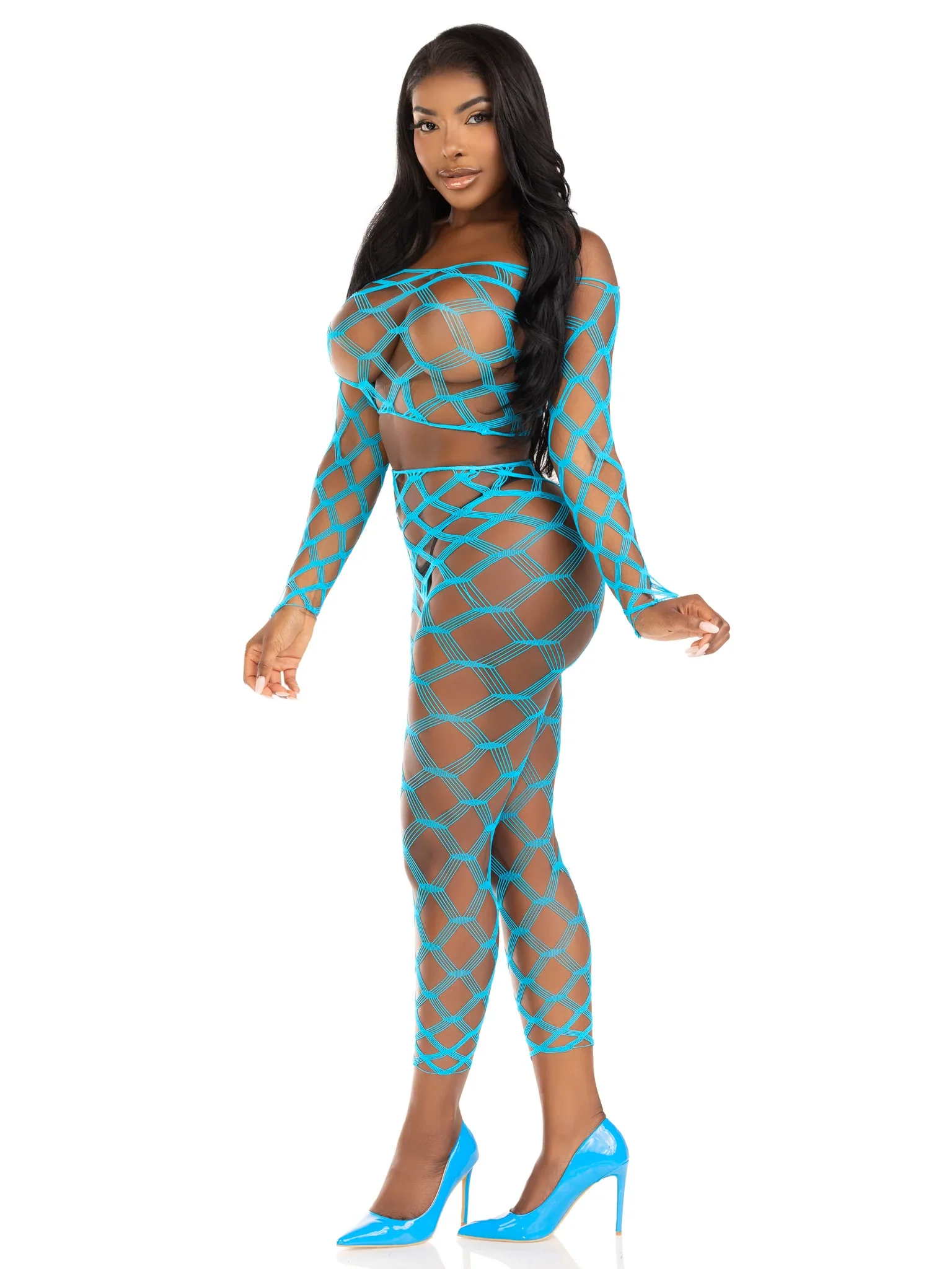 2 PC Hardcore Net Crop Top and Footless Tights, Turquoise, One Size - Image 3