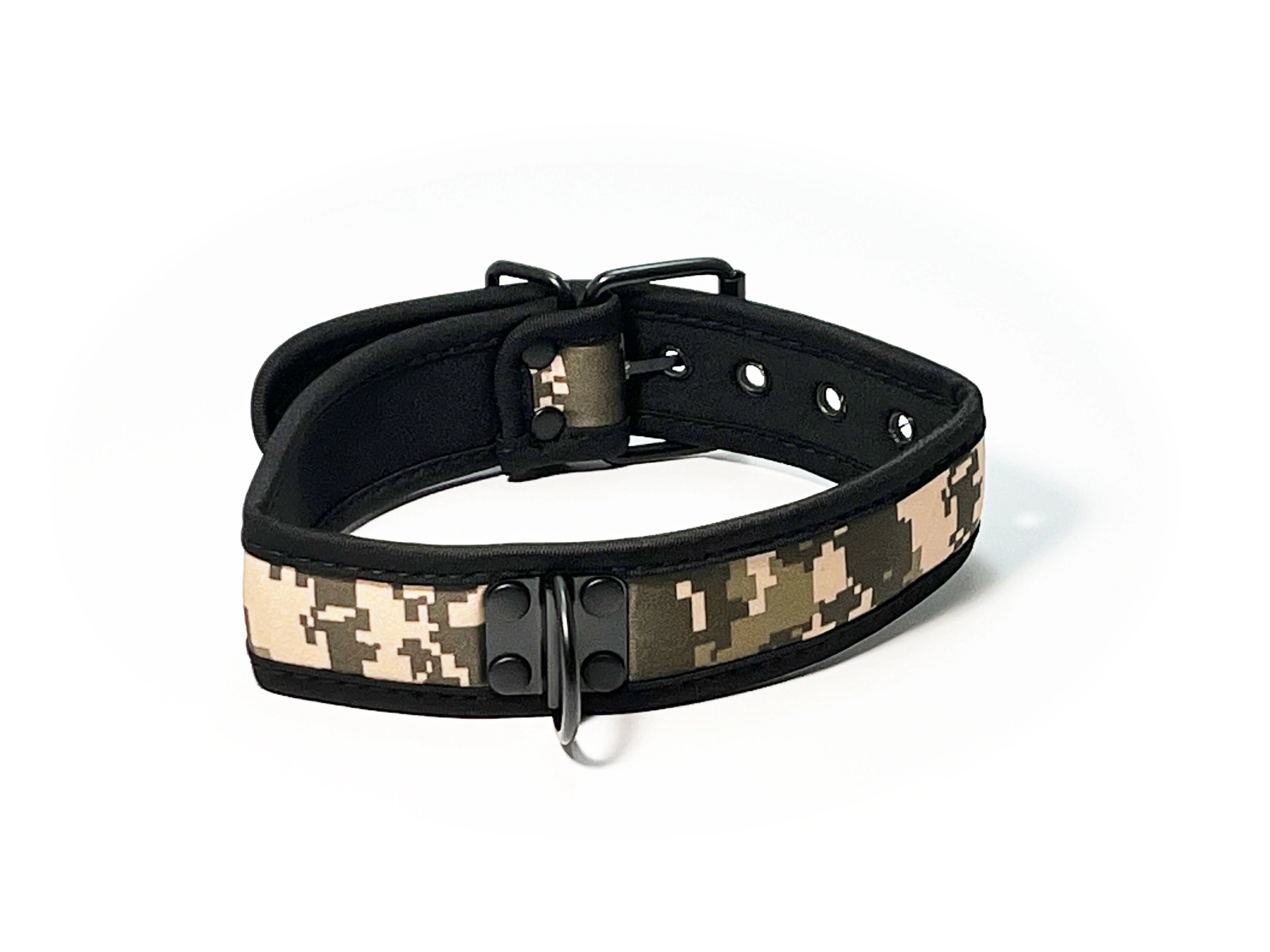 Adjustable Neoprene Collar with D-Ring by Fetish Pleasure Play in Camo and Black