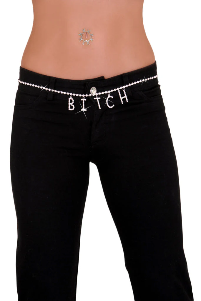 "BITCH" Rhinestone Belly Chain, Silver, One Size