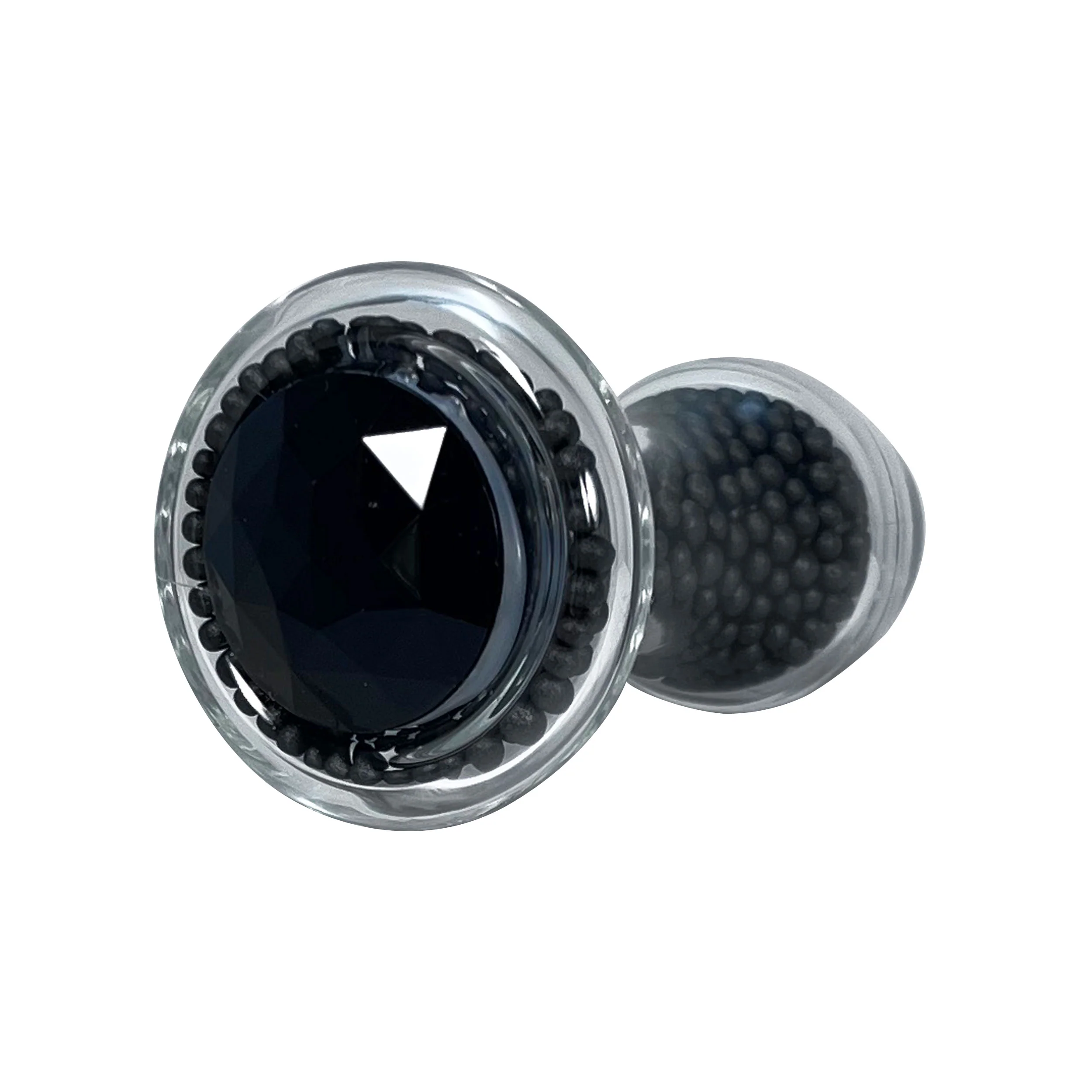 Black Bead-Filled Clear Glass Butt Plug with Black Jewel by Glass Pleasure Play - Image 2