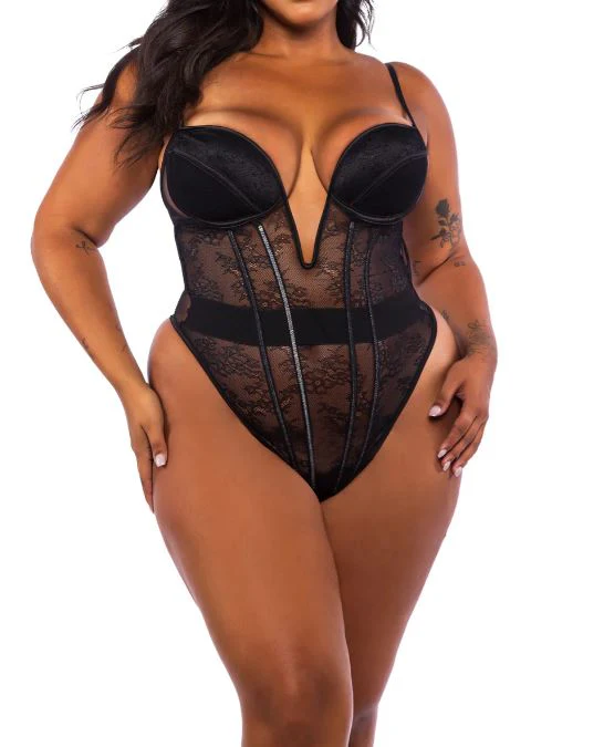 Black Belle Noir Floral Lace Sheer Teddy - Image 3