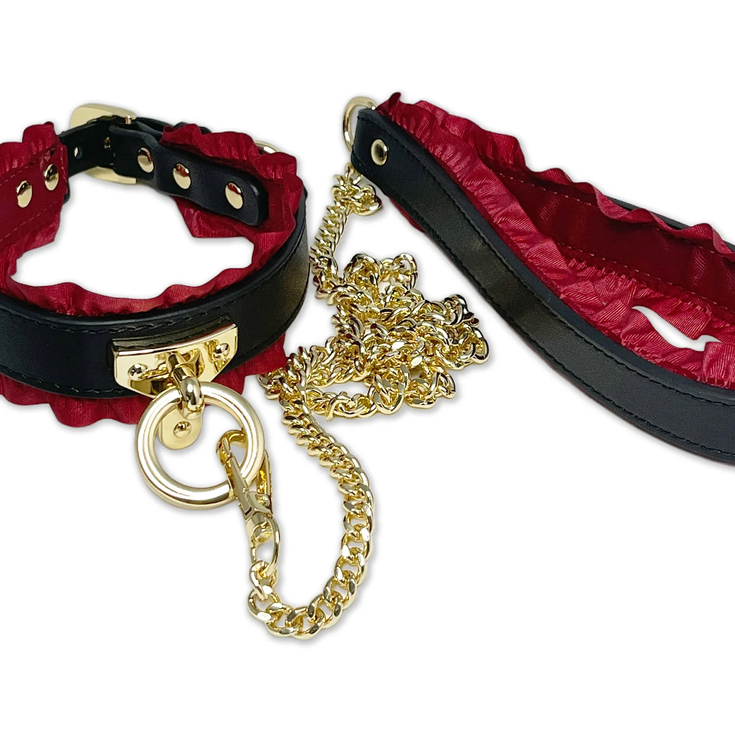 Black Collar and Leash Set with Ruffled Red Ribbon Lining by Fetish Pleasure Play - Image 3
