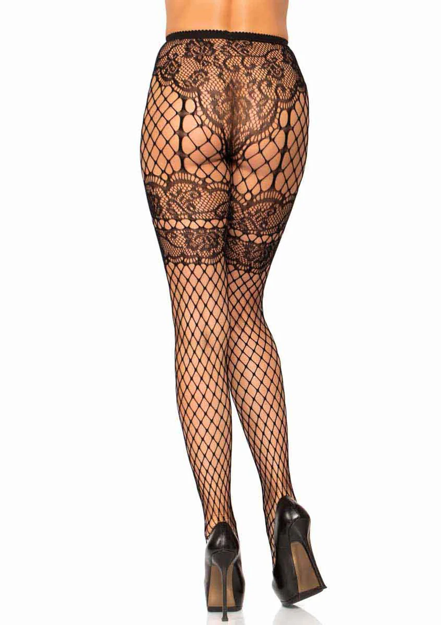 Black Lace Faux Garter Belt Net Tights One Size - Image 2
