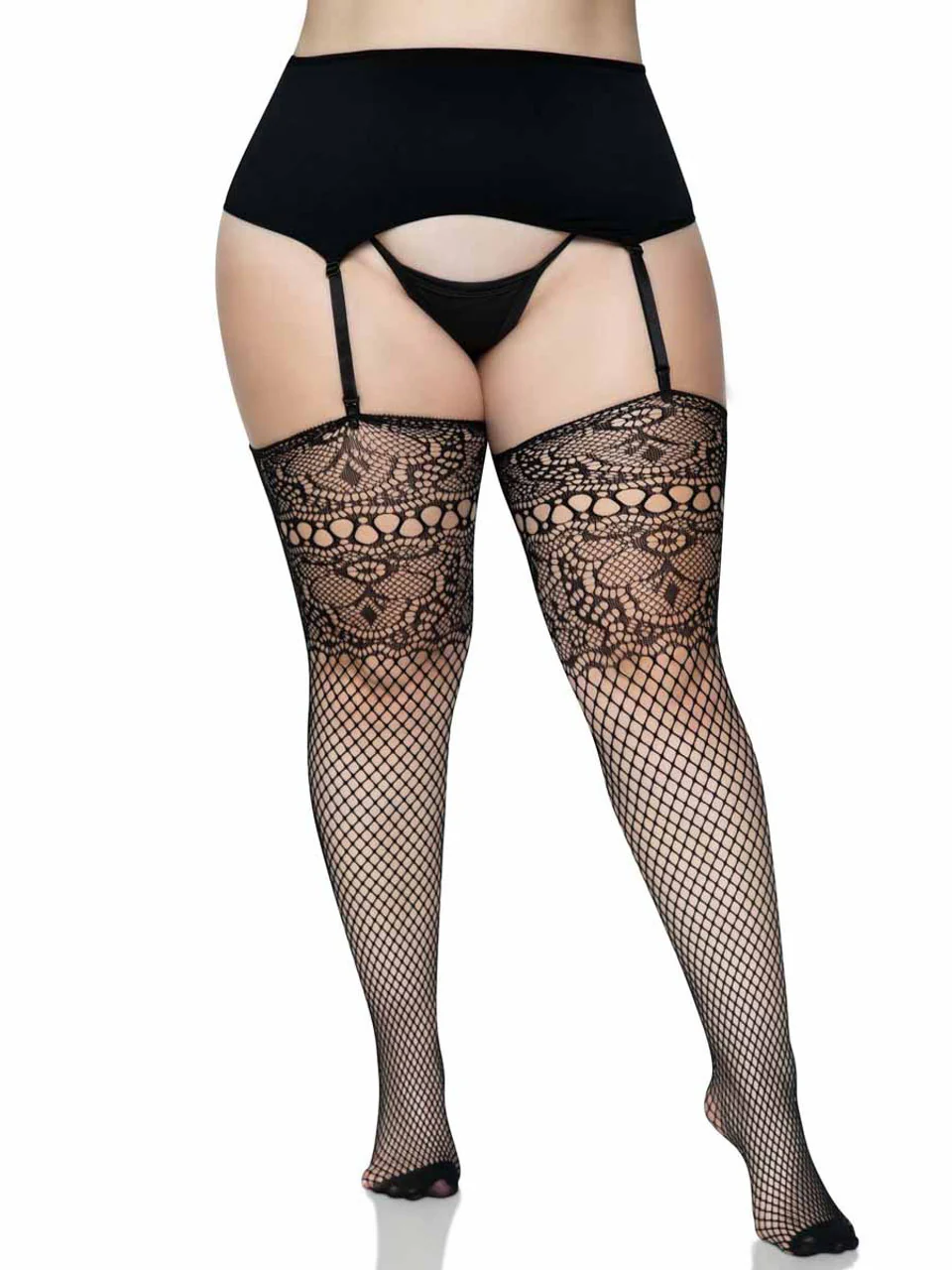 Black Lace Top Backseam Thigh High Fishnet Stocking in 1X/2X - Image 5
