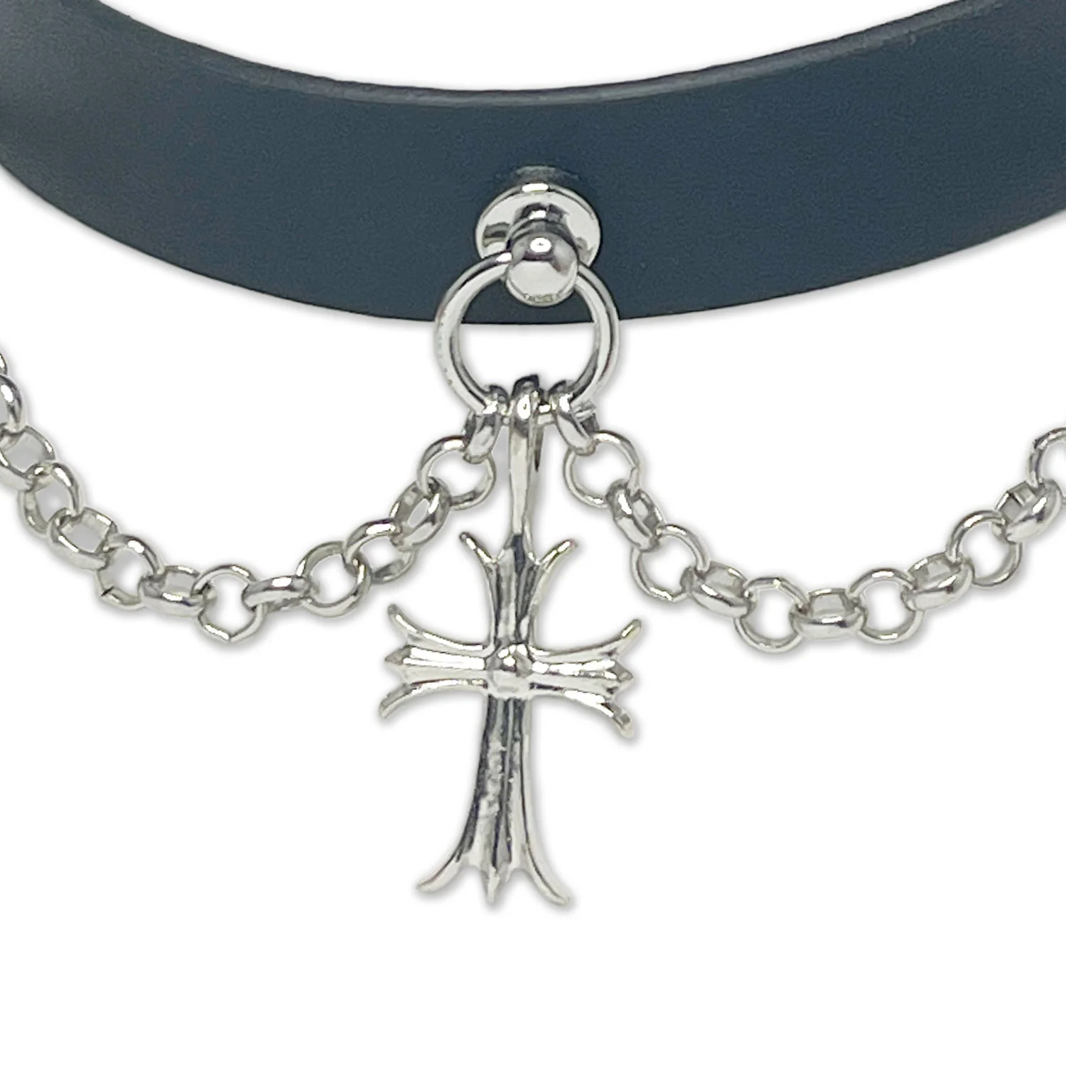 Black Vegan Leather Silver Cross Necklace Collar by Fetish Pleasure Play - Image 3