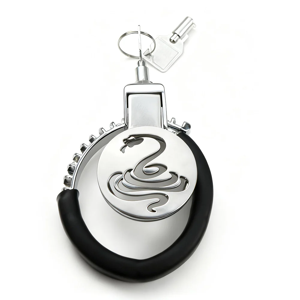 Cobra Flat Chastity Cage with Handcuff-Style Locking Ring by Metal Pleasure Play - Image 2