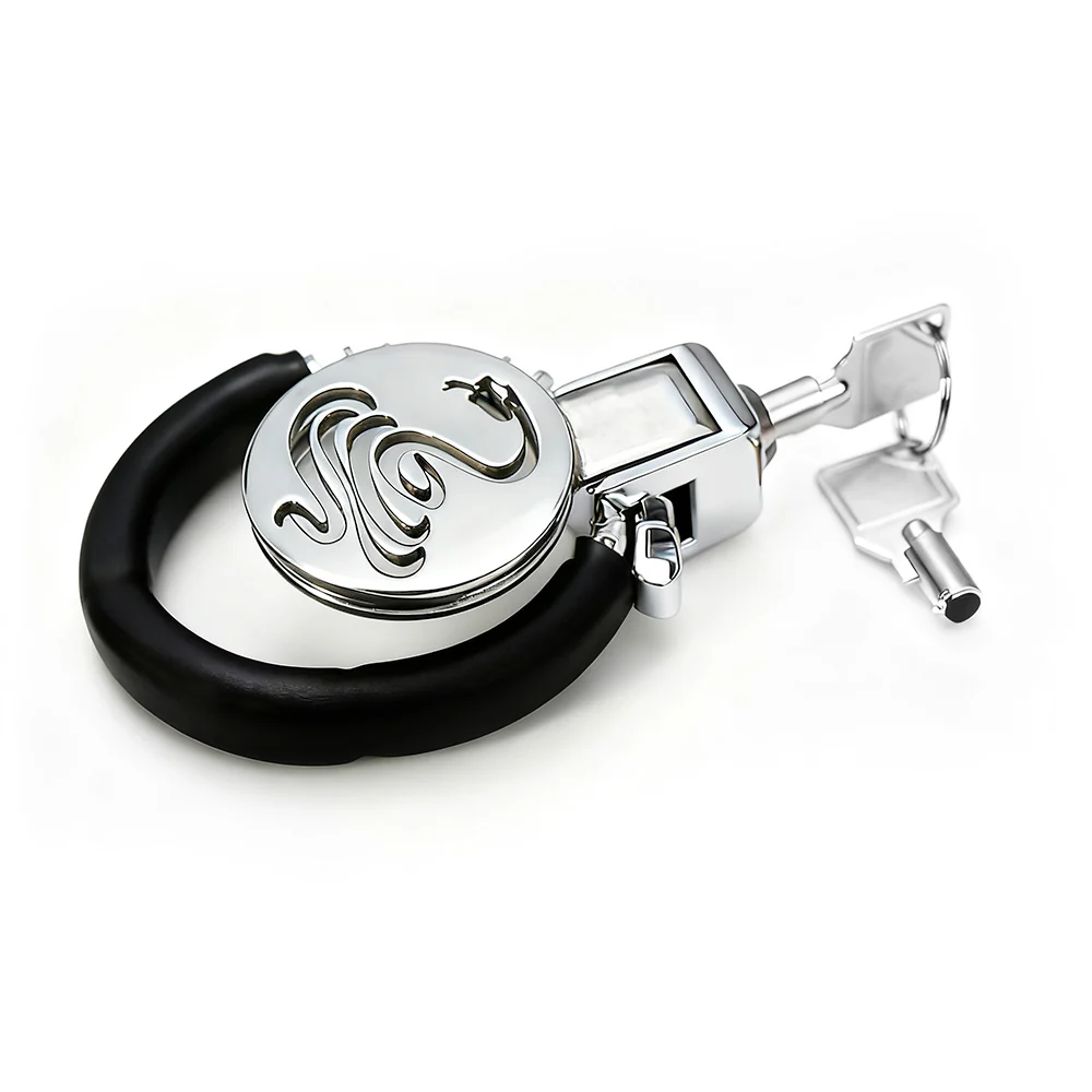 Cobra Flat Chastity Cage with Handcuff-Style Locking Ring by Metal Pleasure Play - Image 3