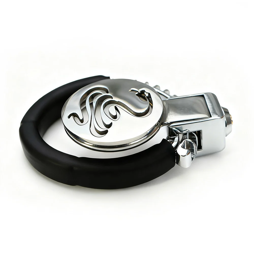 Cobra Flat Chastity Cage with Handcuff-Style Locking Ring by Metal Pleasure Play - Image 5