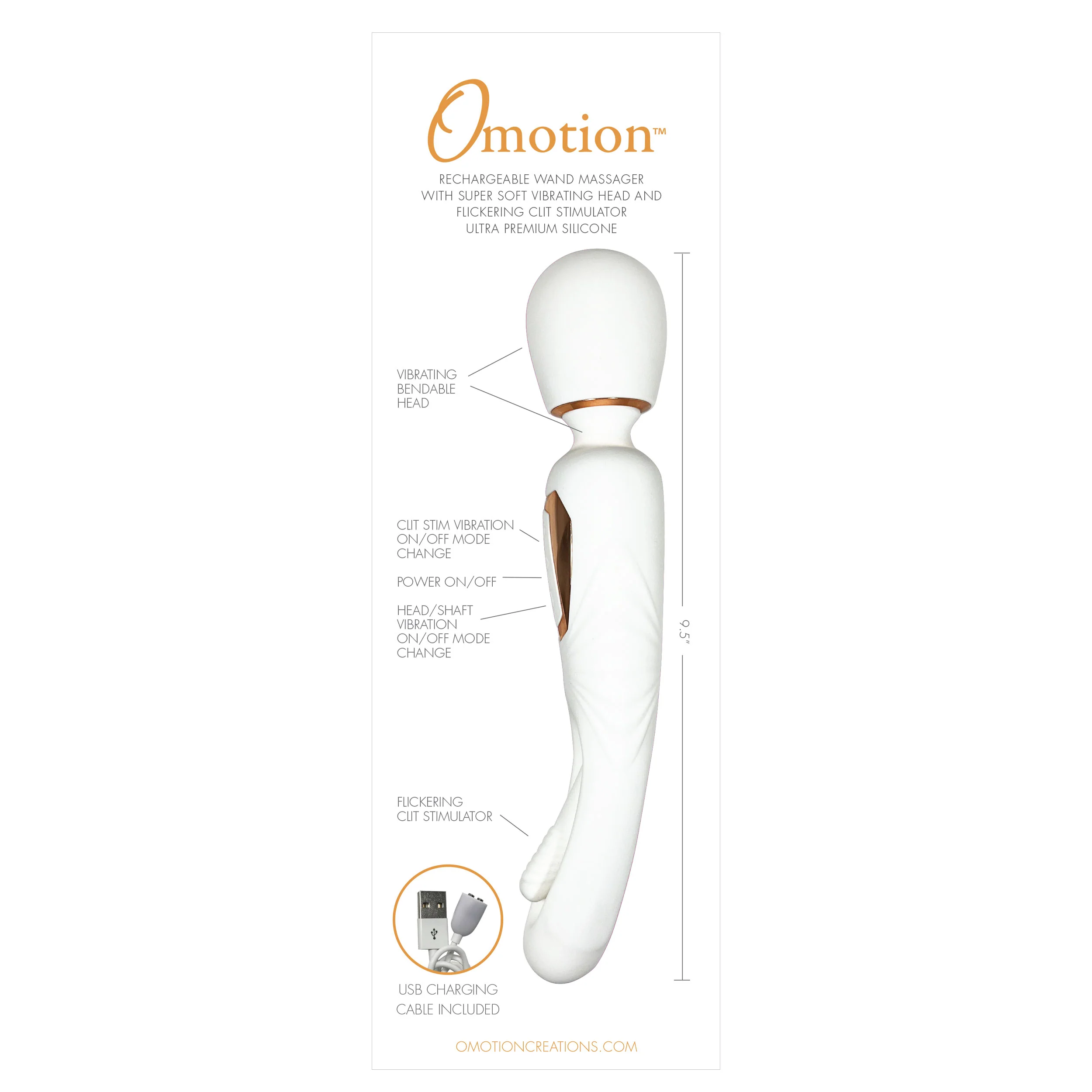 Coral Flutter Wand Vibe w/Clit Flicker by Omotion in White & Rose Gold - Image 3