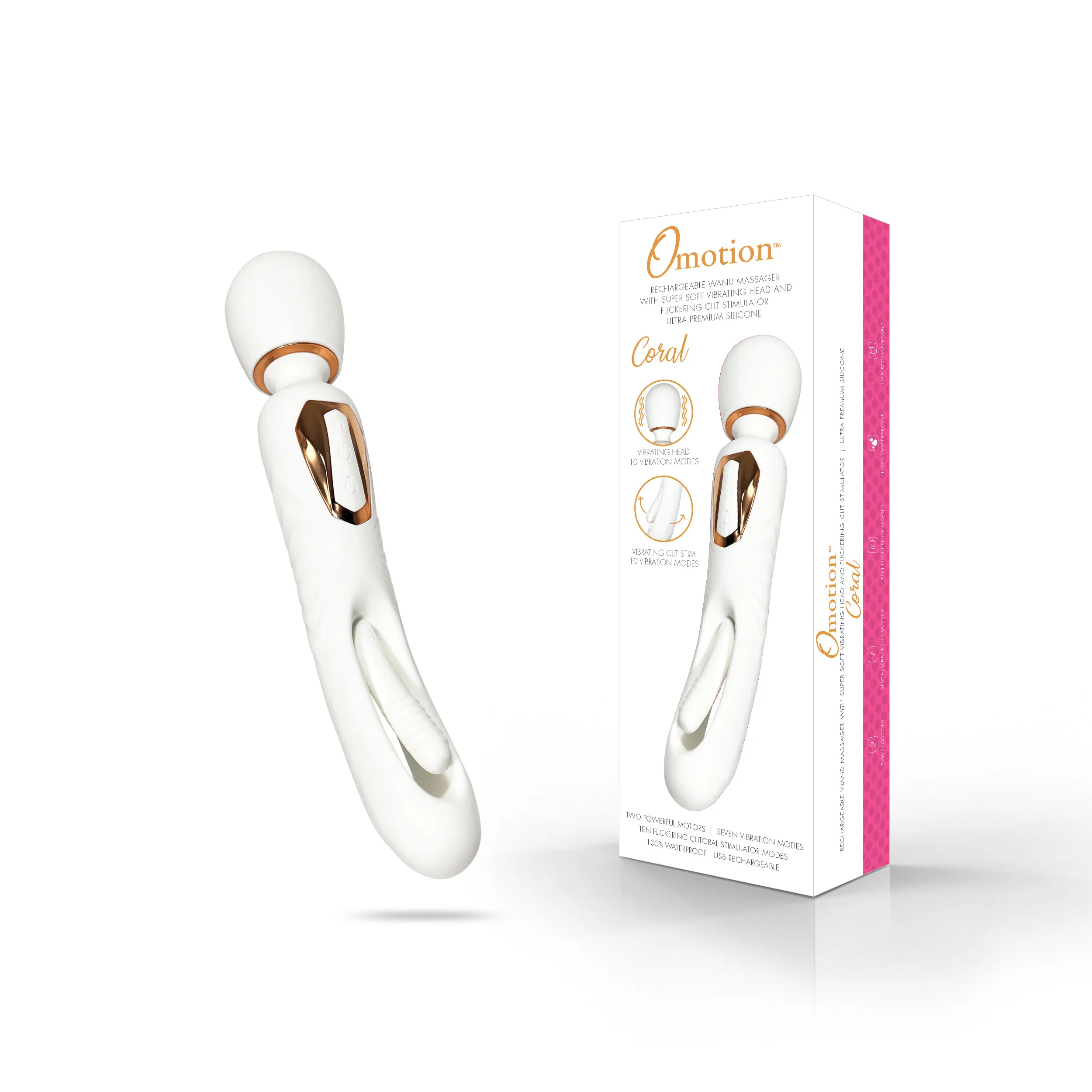 Coral Flutter Wand Vibe w/Clit Flicker by Omotion in White & Rose Gold - Image 4