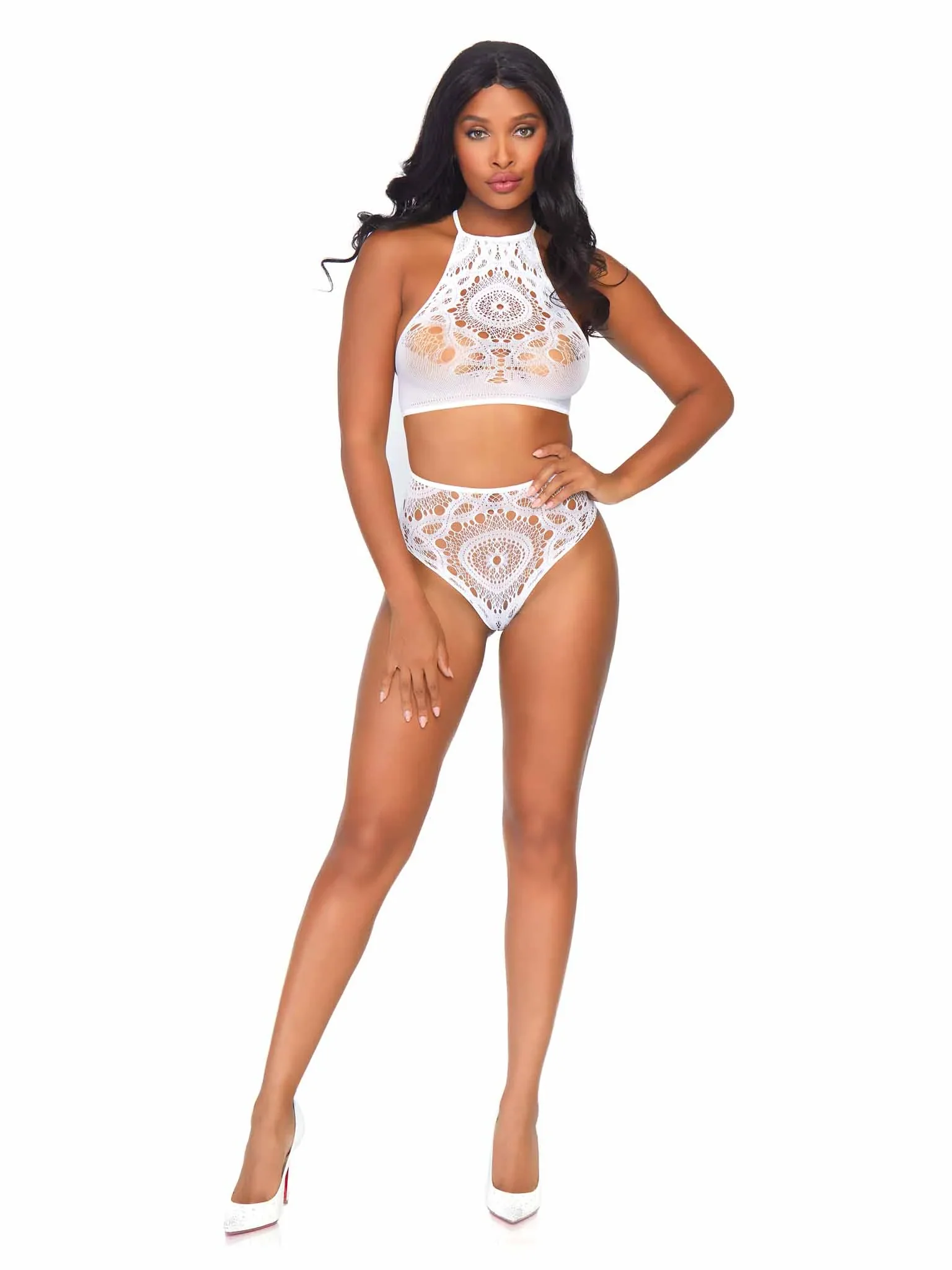 Crochet Lace Halter Crop Top and Panties, White, M/L - Image 3