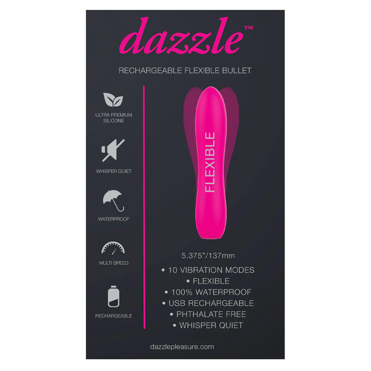 Dazzle Rechargeable Flexible Bullet Vibrator in Pink - Image 3