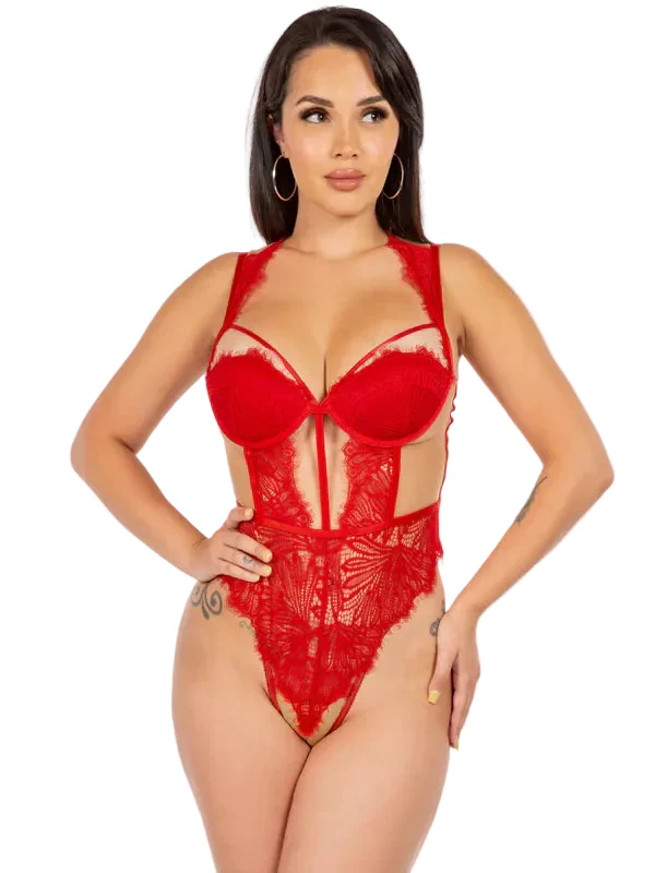 Eden Sheer & Lace Cage Underwire Teddy, Red - Image 2