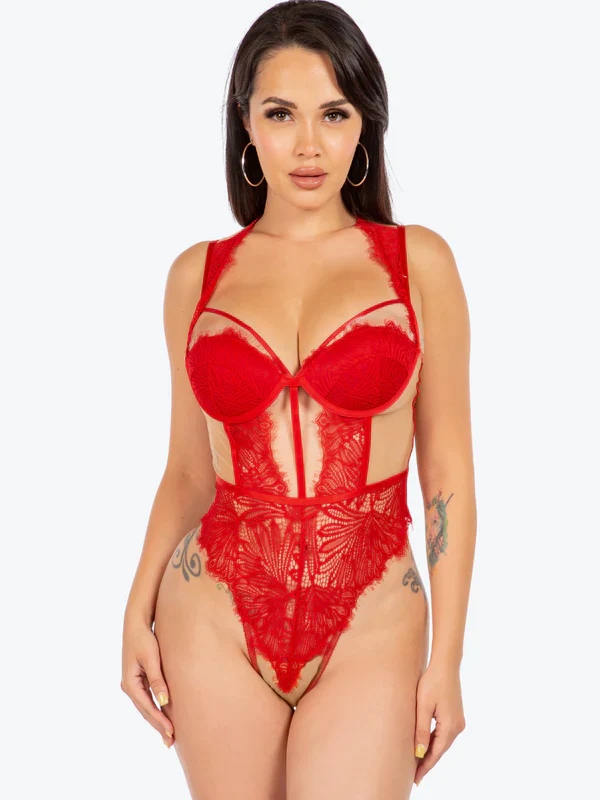 Eden Sheer & Lace Cage Underwire Teddy, Red - Image 3