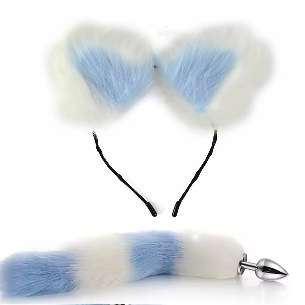 FAUX WHITE AND BLUE FOX TAIL WITH EARS ANAL PLUG SET - Image 2