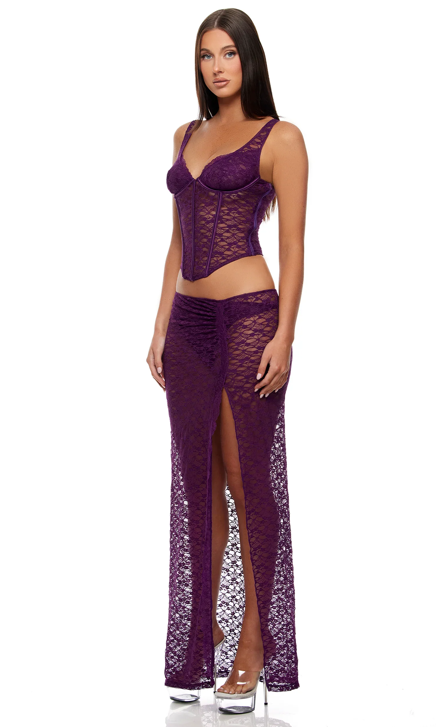 Feel Me Textured Lace Bustier, Panty & Dress Set, Purple - Image 3