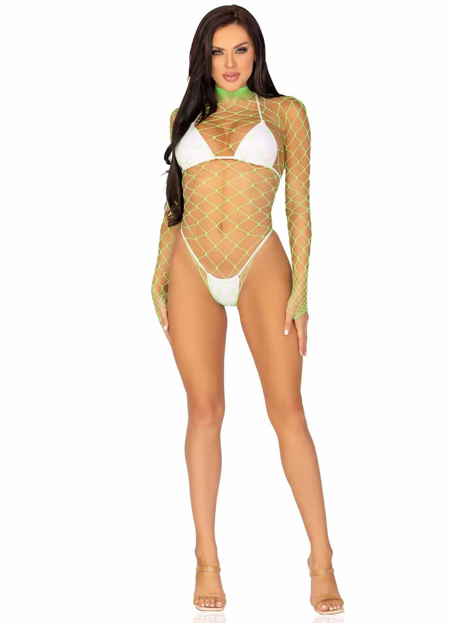 Fence Net Snap Crotch Long Sleeved Bodysuit, Neon Green, One Size - Image 6