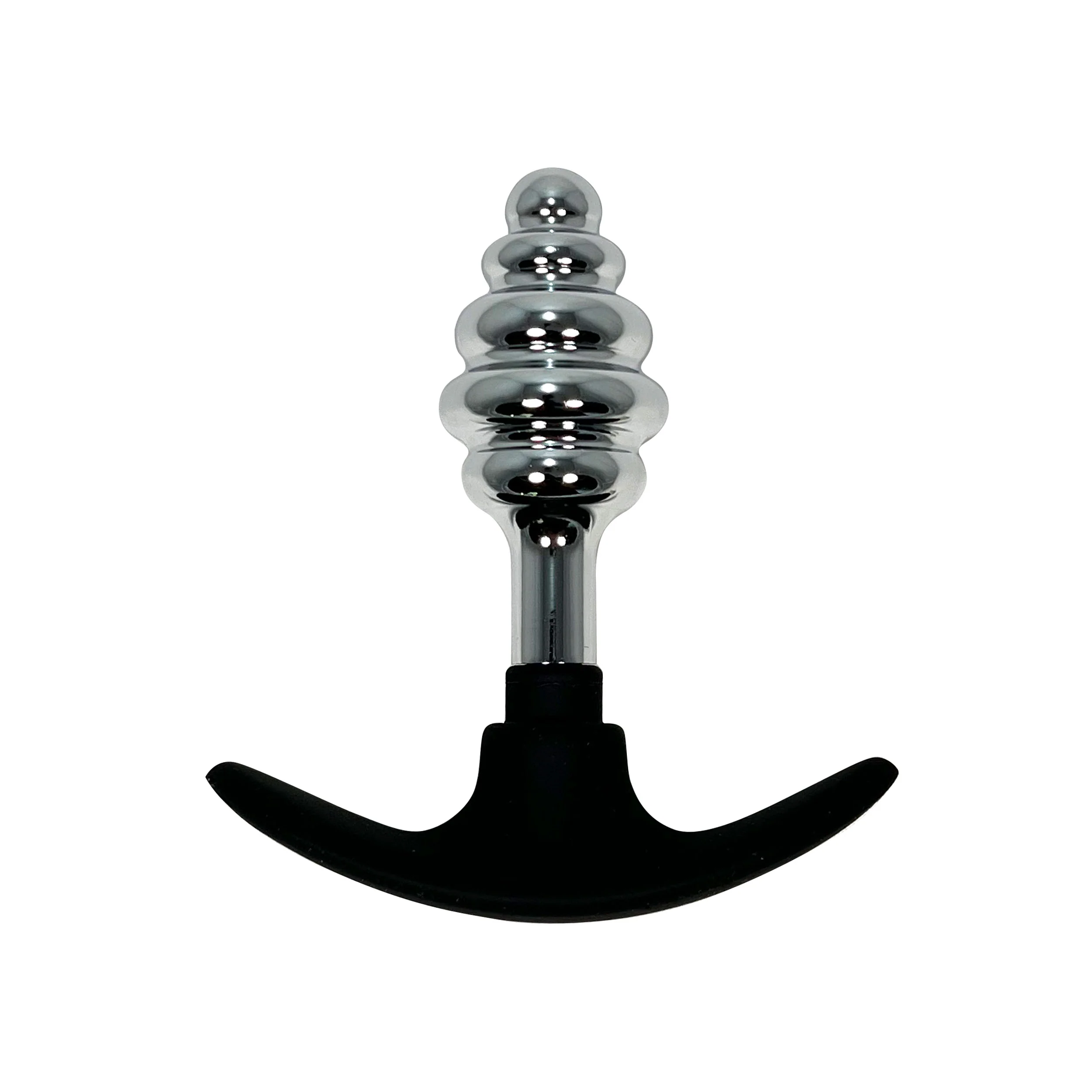 Fetish Pleasure Play Ribbed Metal Butt Plug With Silicone Handle - Image 2