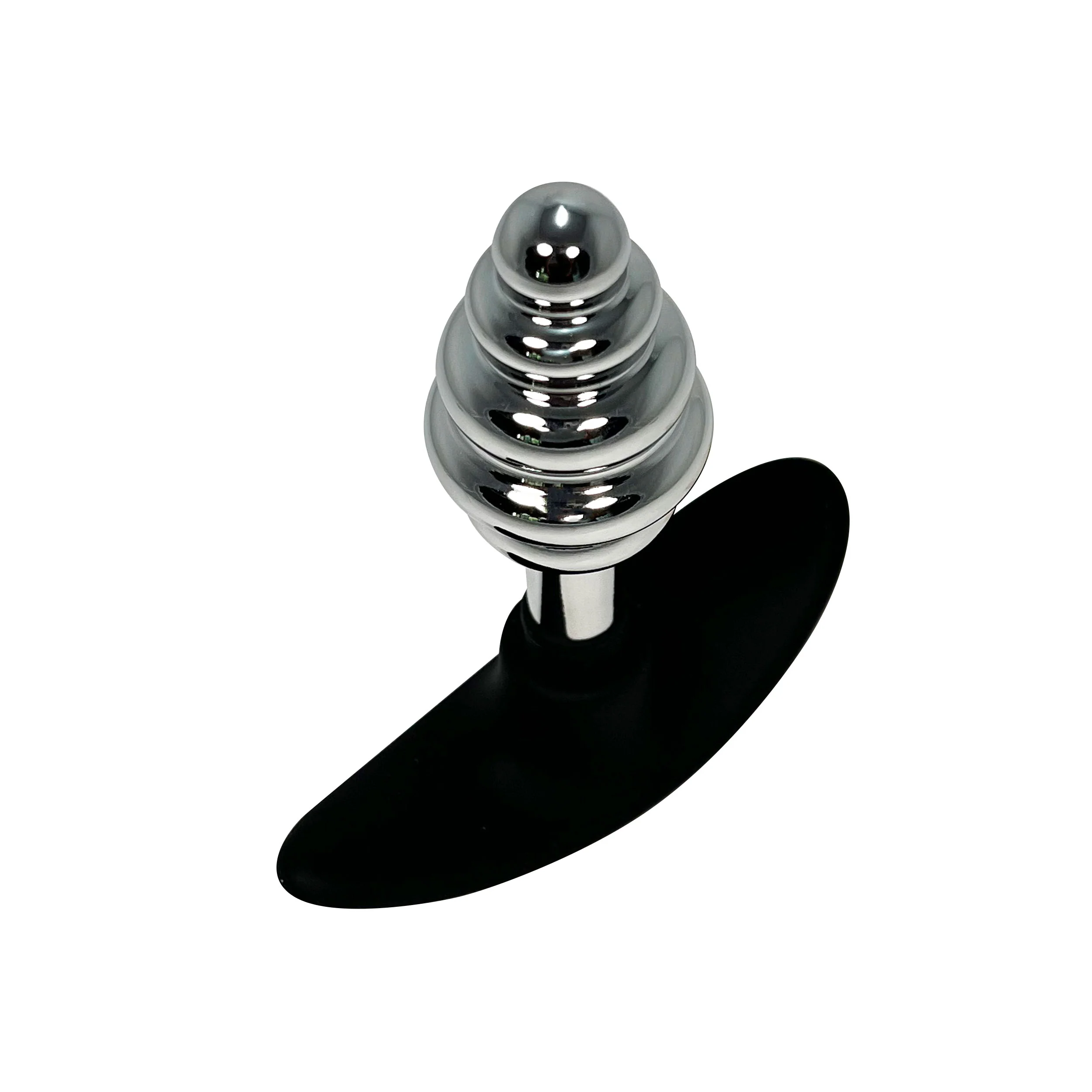 Fetish Pleasure Play Ribbed Metal Butt Plug With Silicone Handle - Image 3