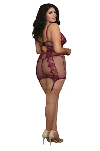 Fishnet & Eyelash Lace Garter Slip and G-String, Wine, Queen O/S - Image 2