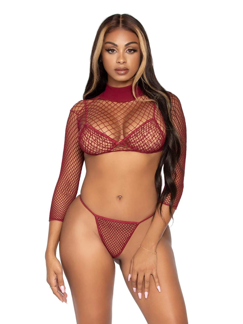 Fishnet Long-Sleeve Bikini Set, Burgundy, One Size - Image 4