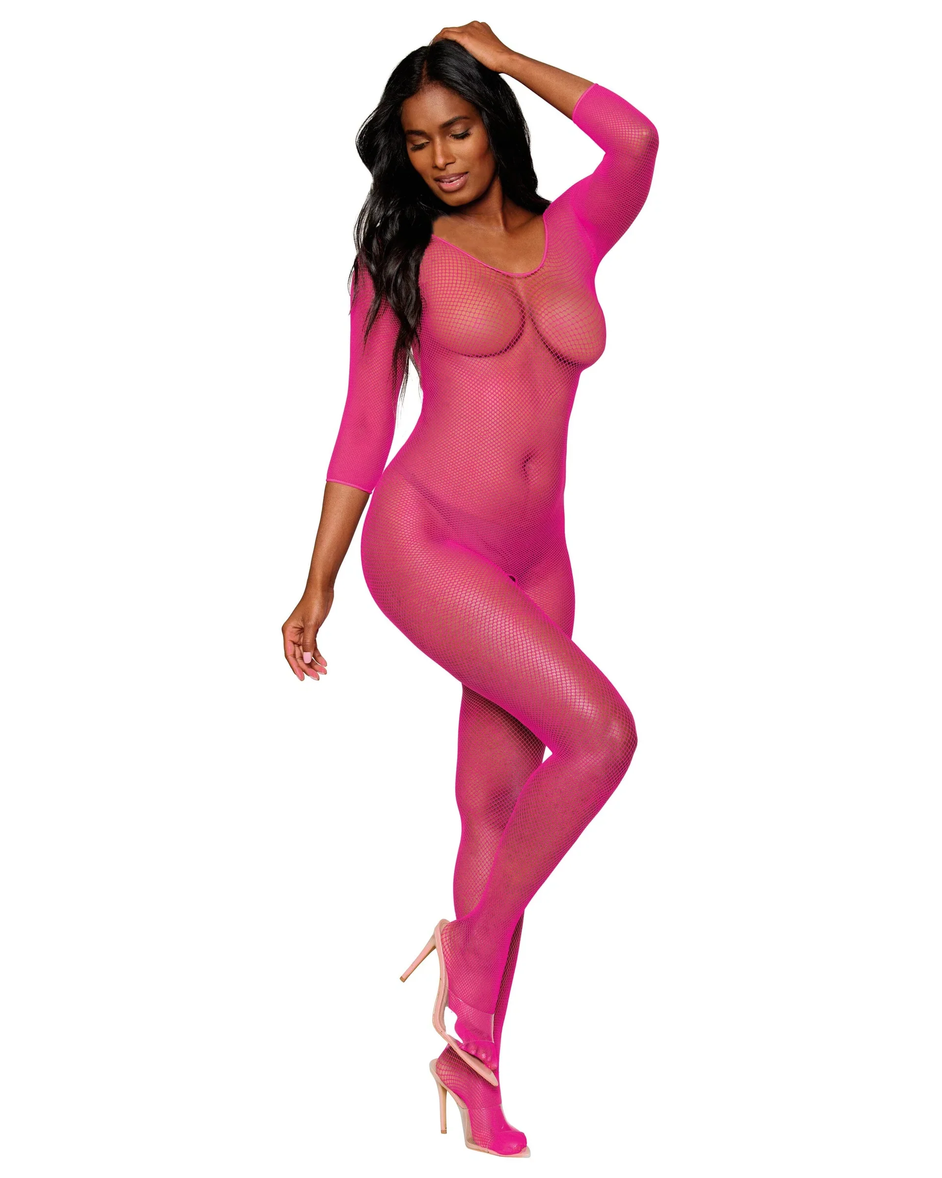 Fishnet Long Sleeved Open Crotch Bodystocking, Neon Pink, One Size - Image 5