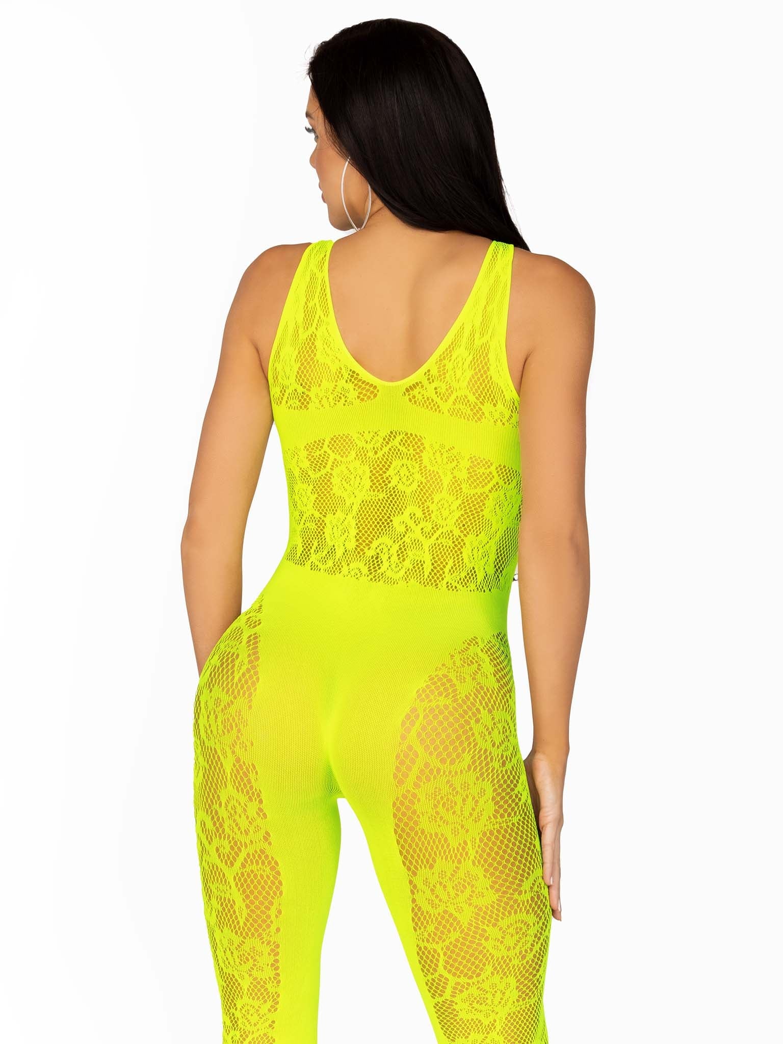 Floral Lace Convertible Footless Lingerie Jumpsuit, Neon Yellow, One Size - Image 3