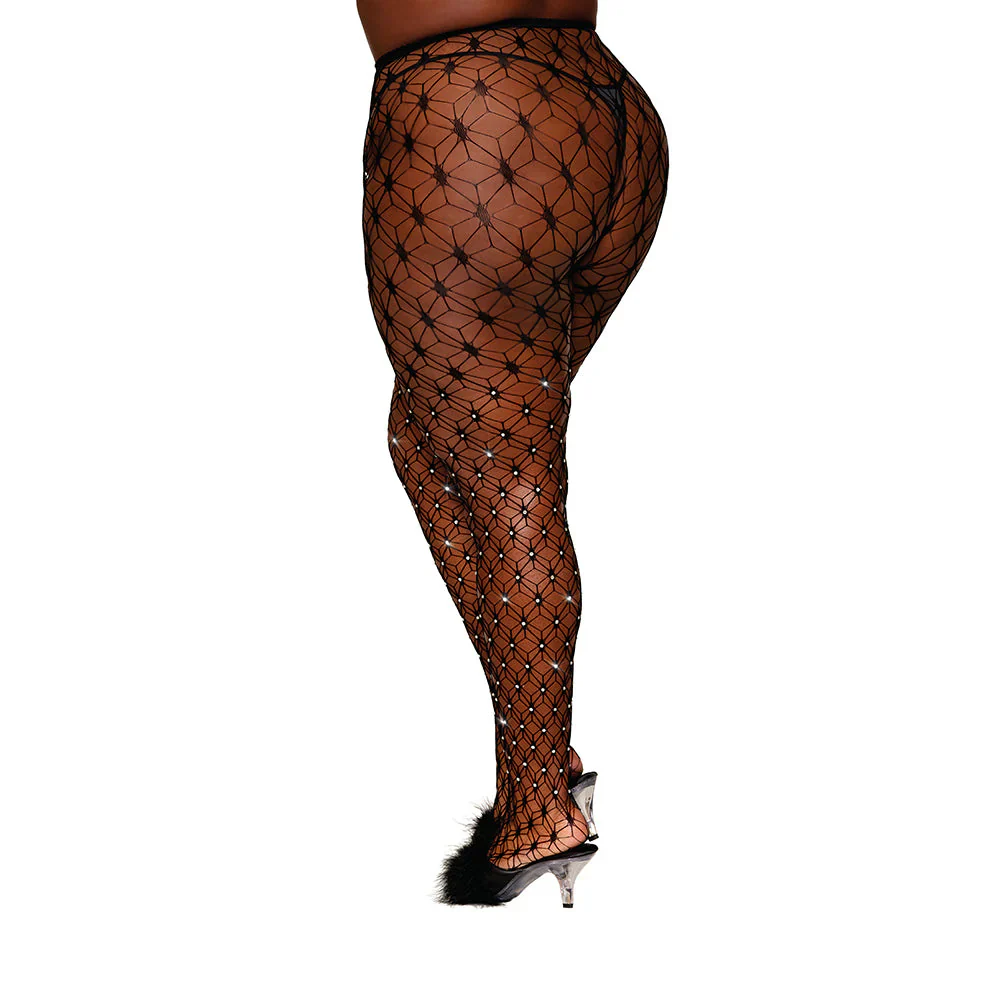 Geometric Star Net Pantyhose with Rhinestones, Black, Queen O/S - Image 2