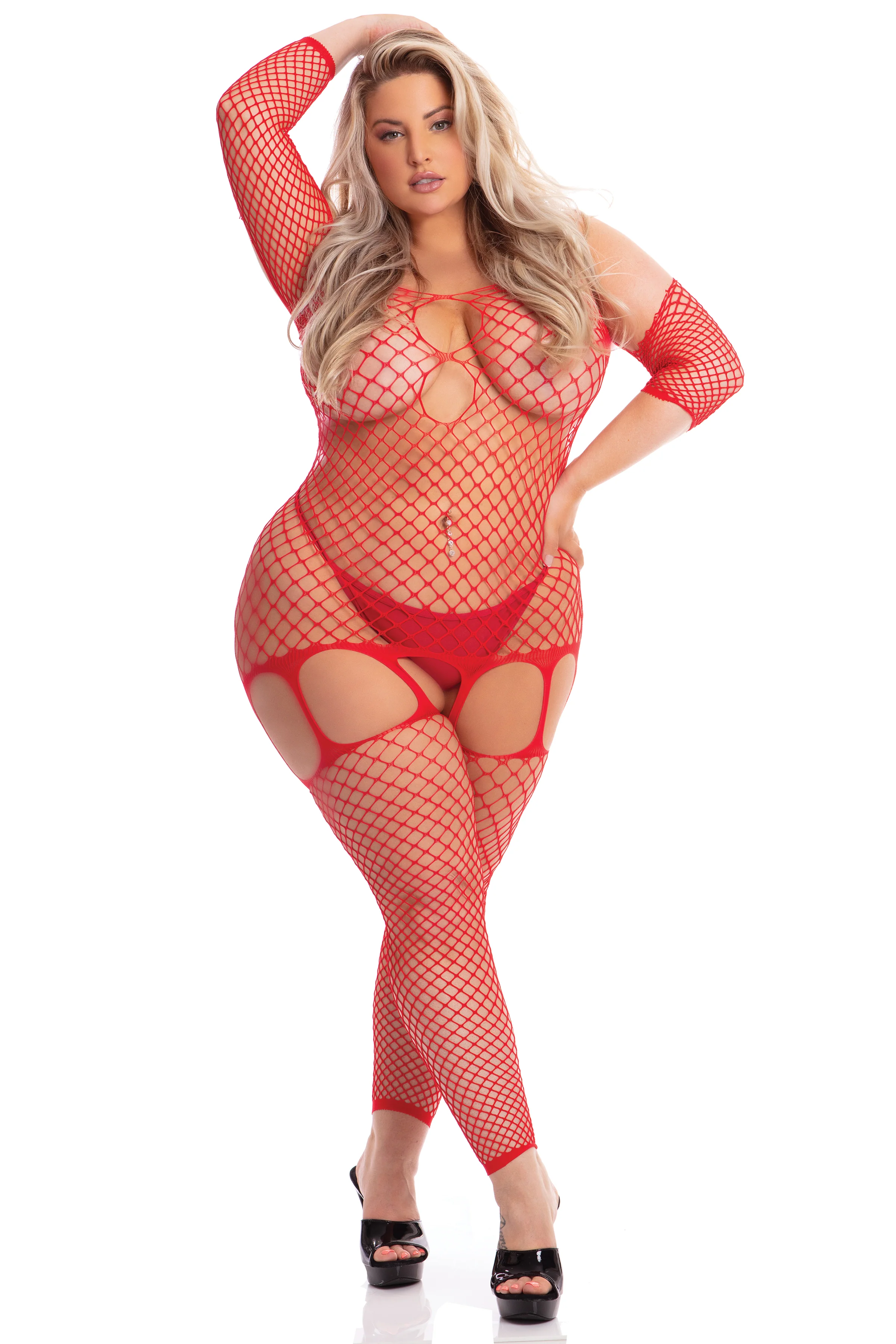 Harlequin Net Open Bodystocking, Red, Queen O/S