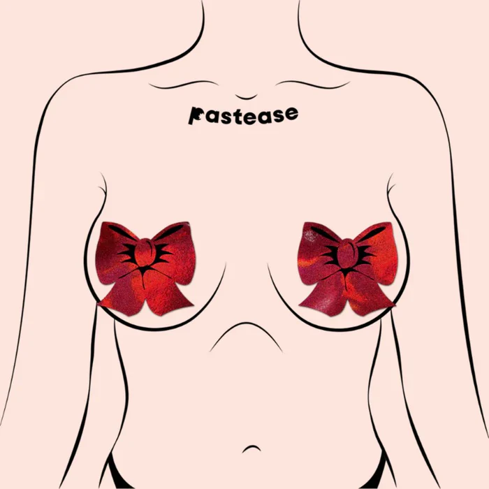 Holographic Red Bows Nipple Pasties, Red, One Size - Image 2