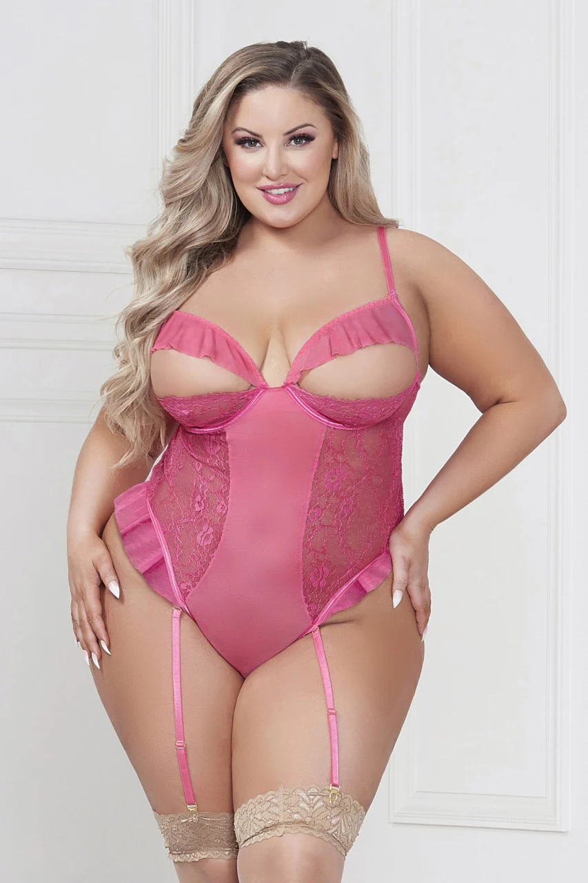 Lace & Mesh Teddy with Removable Garter Straps, Pink, Queen O/S - Image 2