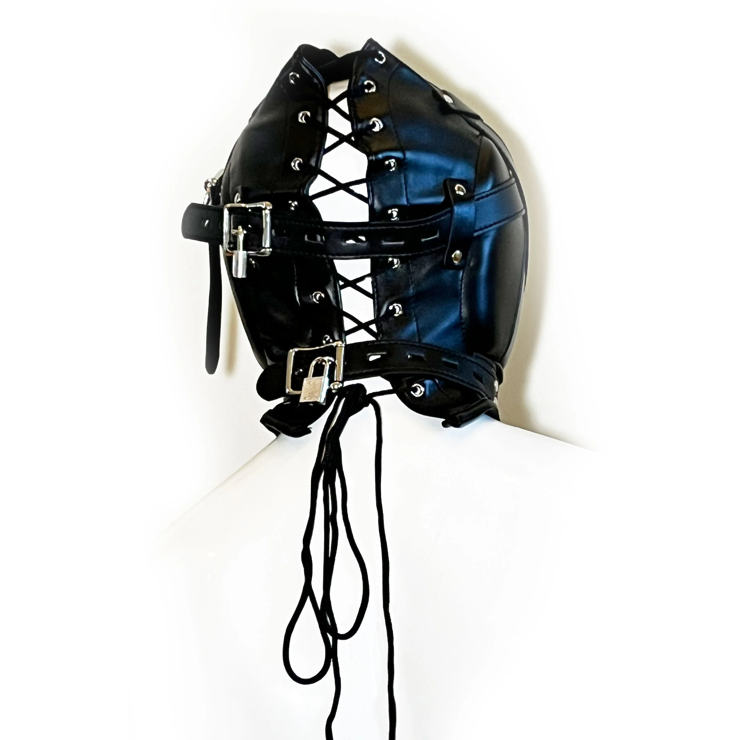 Lace-Up Multi-Lock Confinement Hood by Fetish Pleasure Play in Black - Image 3