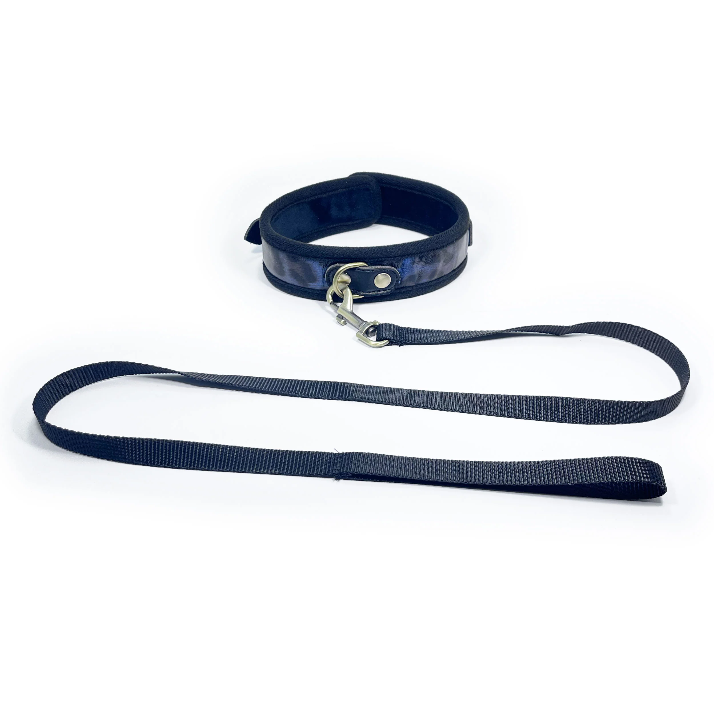 Leopard Print Collar and Leash Set by Fetish Pleasure Play in Midnight Blue
