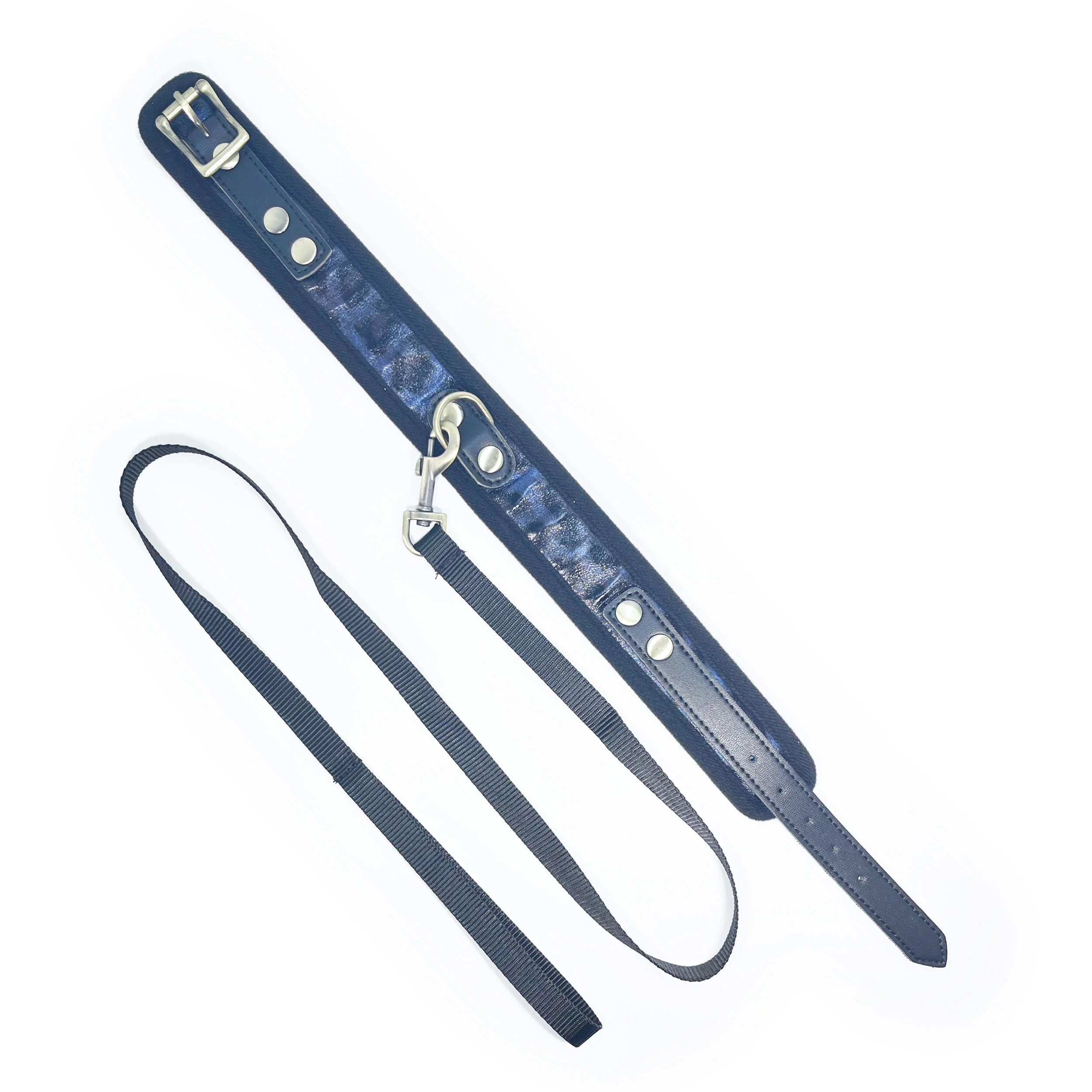 Leopard Print Collar and Leash Set by Fetish Pleasure Play in Midnight Blue - Image 2