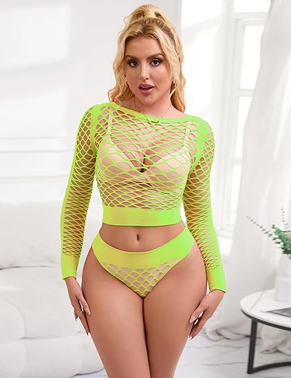 Long Sleeve Neon Green 2-Piece Fishnet Bodystocking - Image 4
