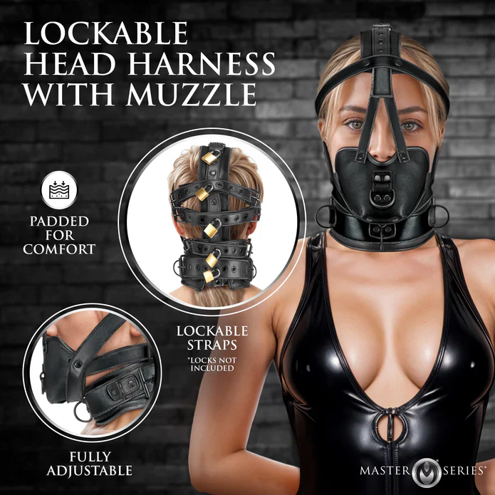 Master Series Vegan Leather Lockable Head Harness w/Muzzle - Image 4