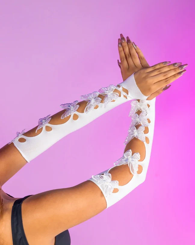 Opaque Net Cut-Out Butterfly Applique Arm Warmers, White, One Size - Image 3