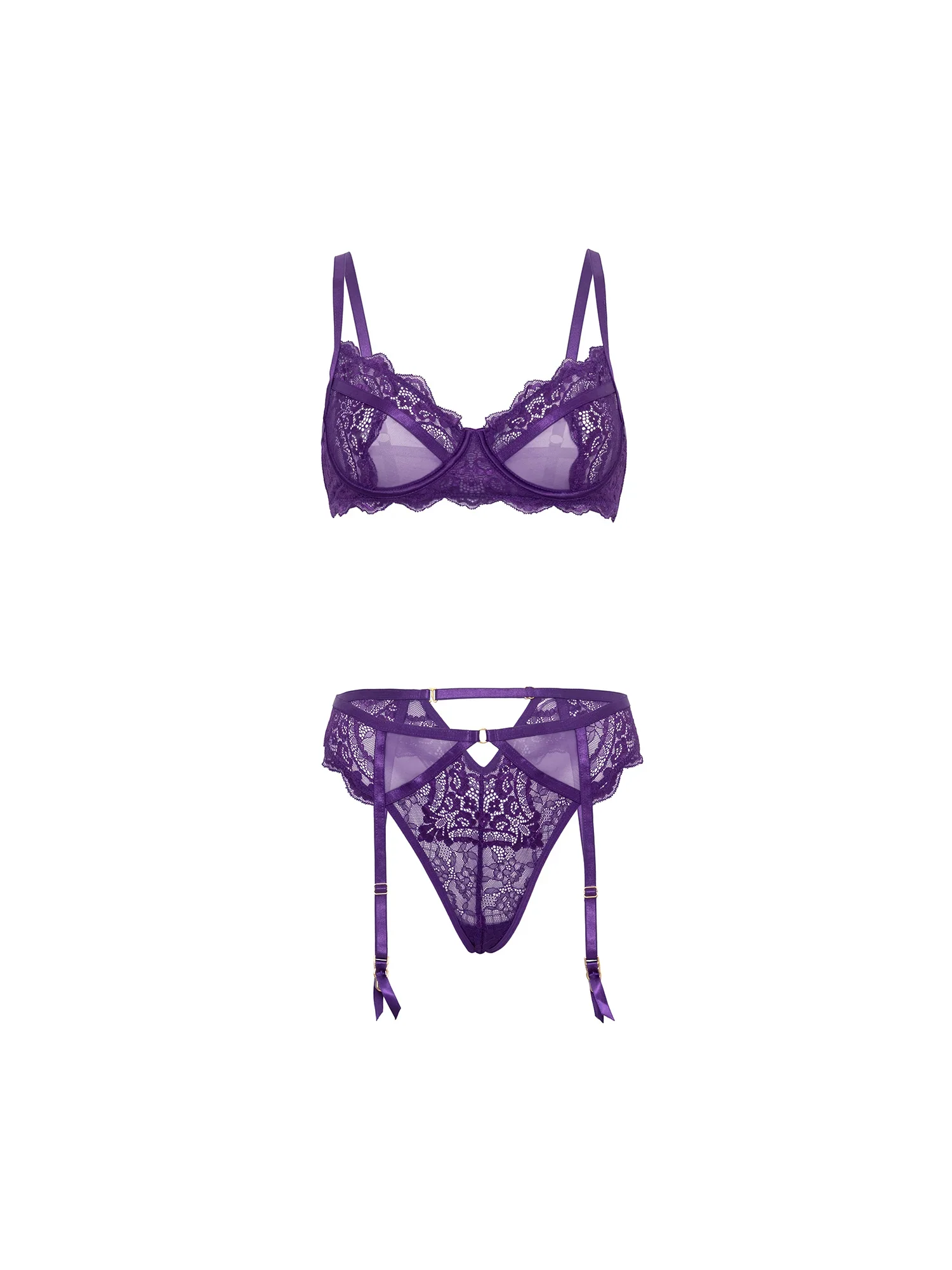 Plum Lace Bra, Garter and Panty Set, Purple, L/XL - Image 4