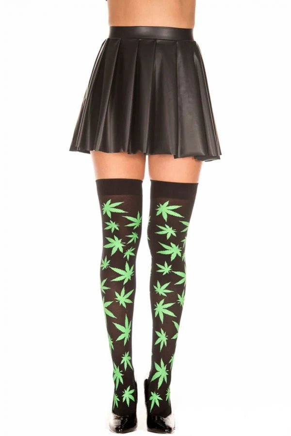 Pot Leaf Print Thigh High Stockings in Black and Green - One Size