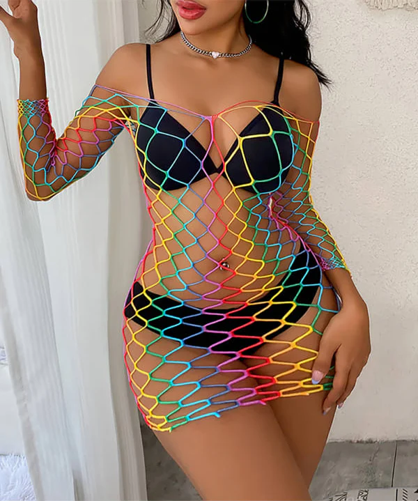 Rainbow Fishnet Long Sleeve Bodystocking Dress - Image 2