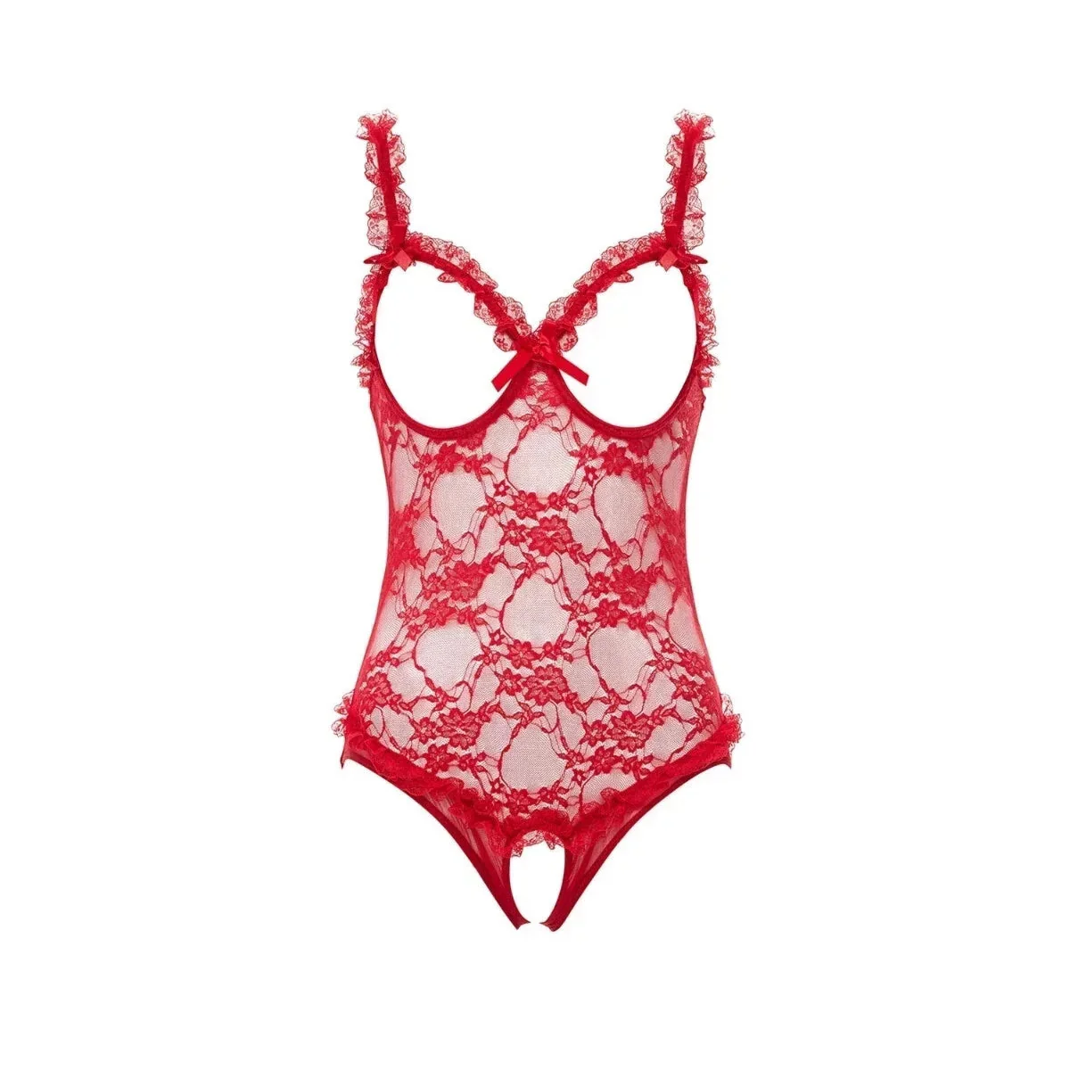 Red Lace Open Cup Crotchless Teddy One Size - Image 2