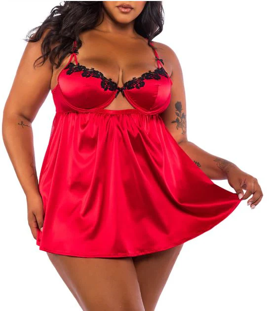 Red Love & Lust Satin Keyhole Babydoll 2 Piece Set - Image 3