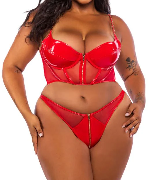Red Midnight Minx Vinyl 2-Piece Bustier Set With Gold Trim - Image 4