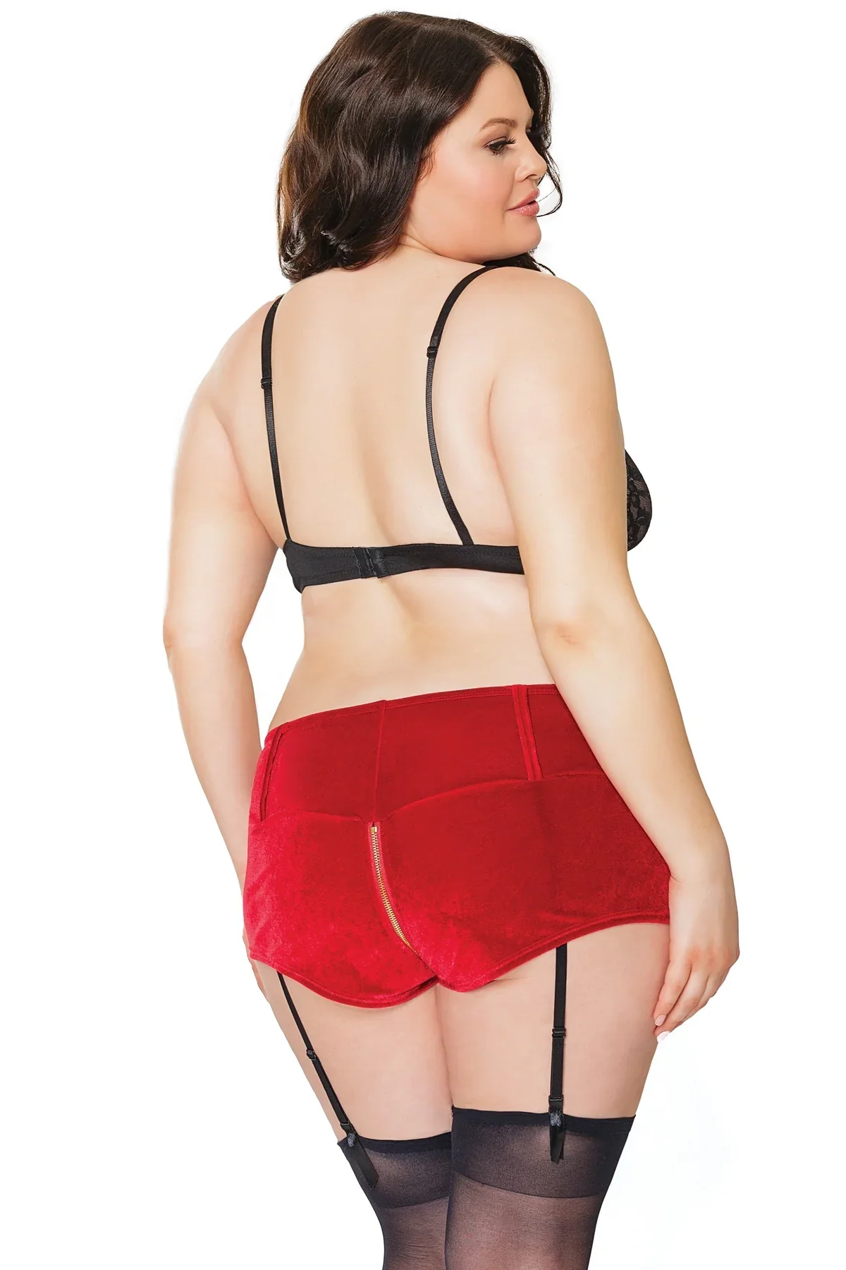 Red Velvet Zipper Booty Shorts with Garter Queen O/S - Image 2