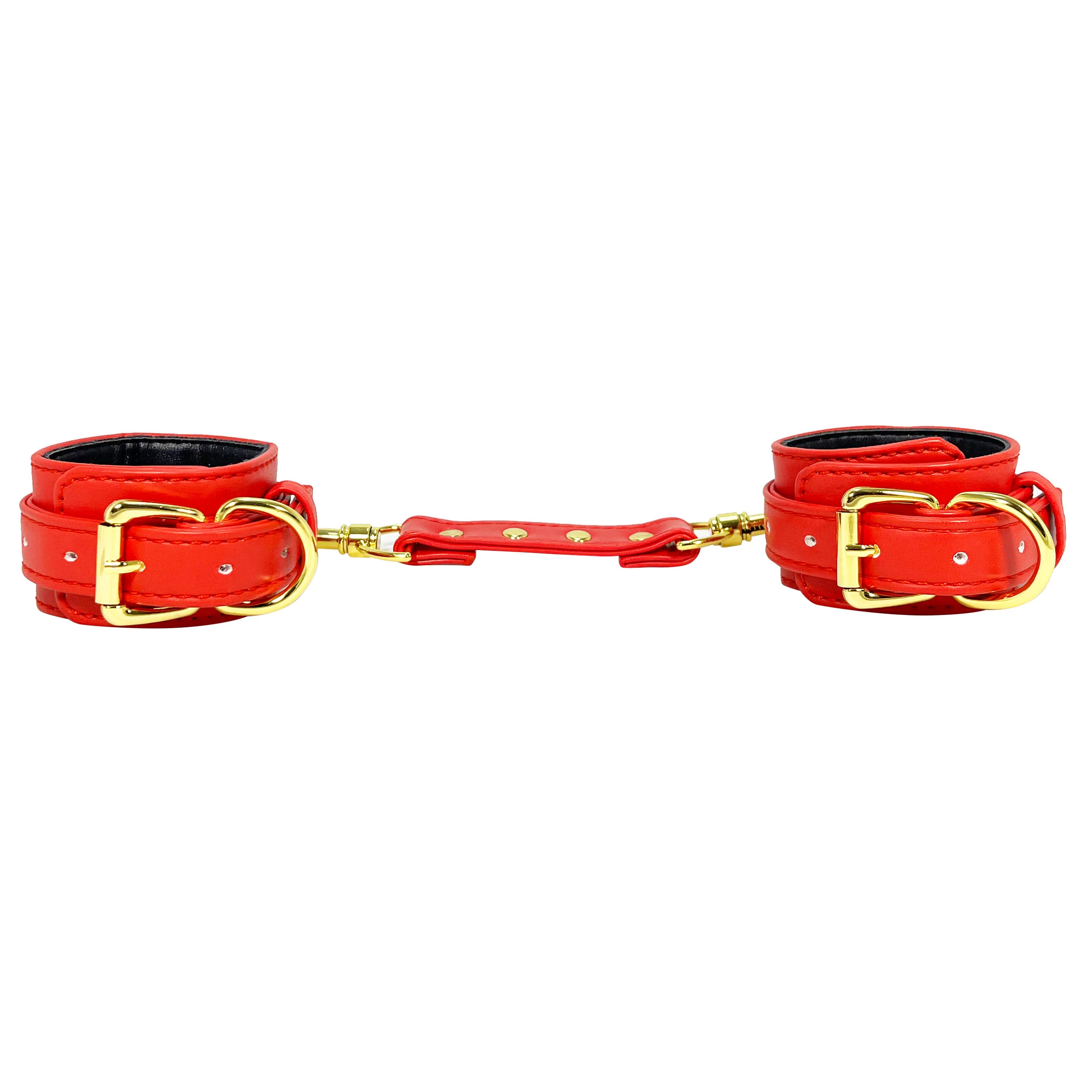 Red Wrist Cuffs with Gold Tone Hardware by Fetish Pleasure Play - Image 2
