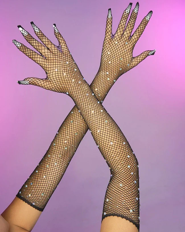 Rhinestone Fishnet Opera Length Gloves, Black, One Size - Image 2