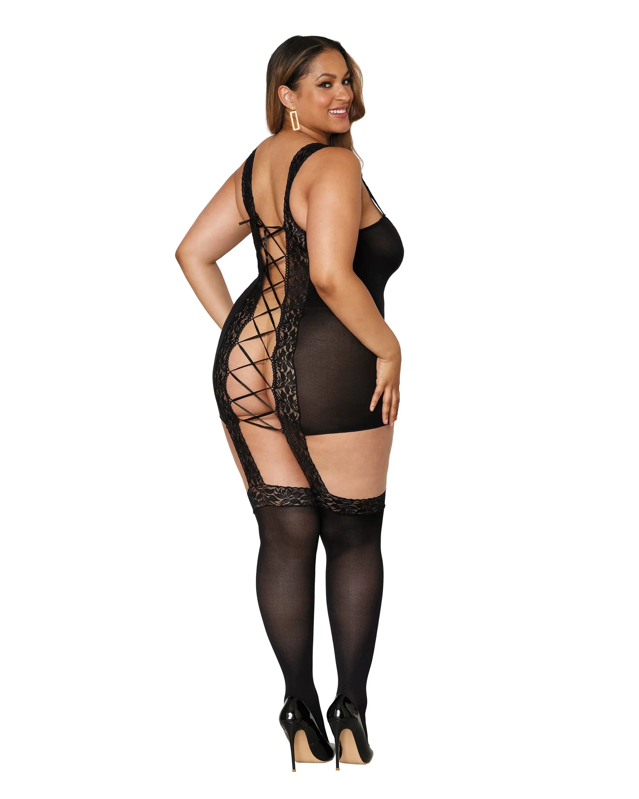 Rose Lace Gartered Bodystocking, Black, Queen O/S - Image 4